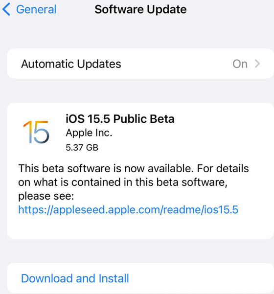 苹果iOS 15.5首个公测版发布：小幅更新、开发全新应用